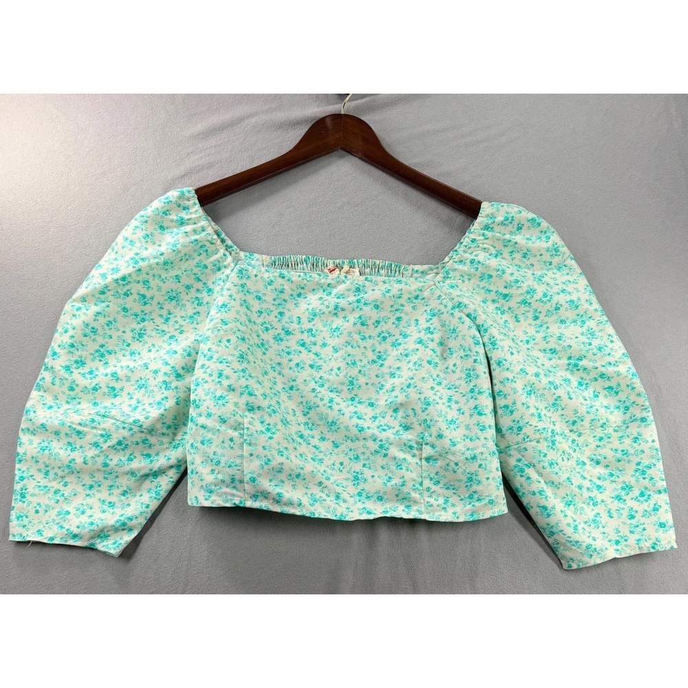 Levis Cropped Puff Sleeve Top L Floral Smocked Square Neck Prairie Cottage